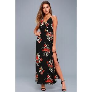 Lush women’s spaghetti strap slip dress long floral black & red evening feminine